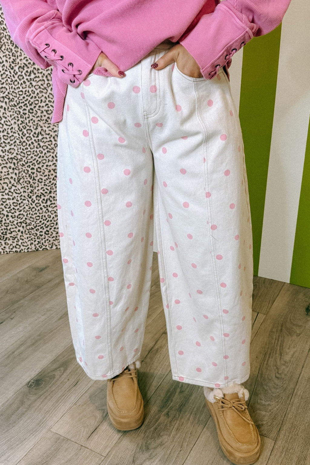 Pink Polka Dot Print Seam Detail Barrel Jeans