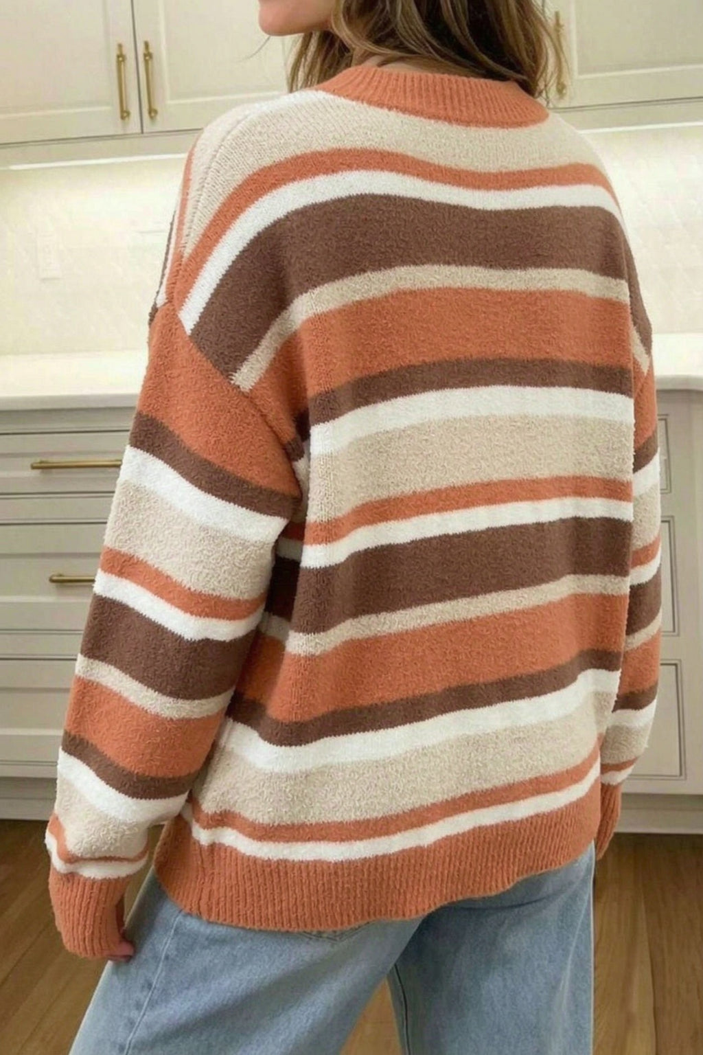 Orange Stripe Dropped Shoulder Loose Pullover Sweater
