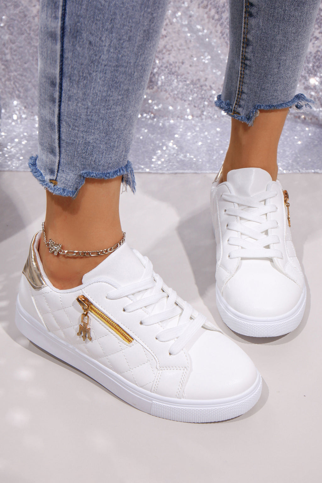 White Quilted PU Leather Zip Metallic Detail Lace-up Shoes