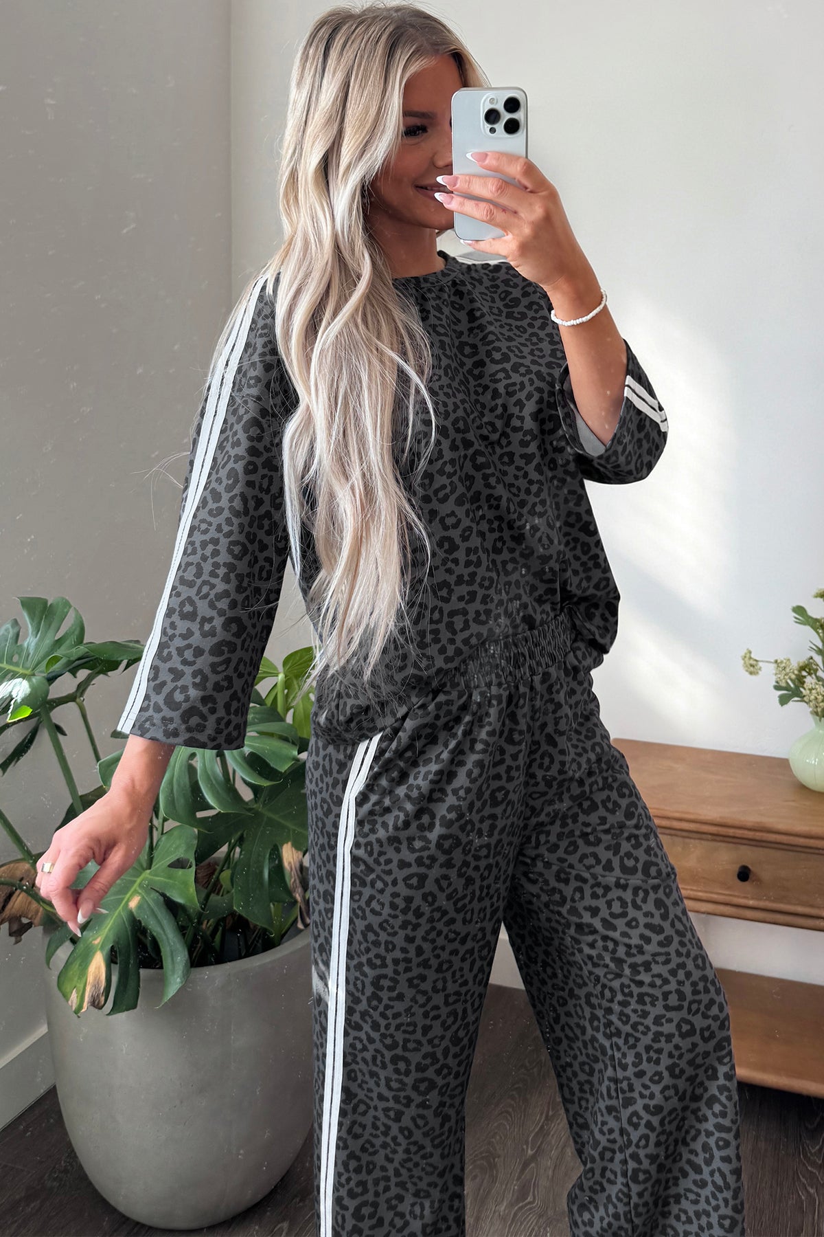 Apricot Leopard Print Varsity Striped Detail 3/4 Sleeve Top Shift Pant Set