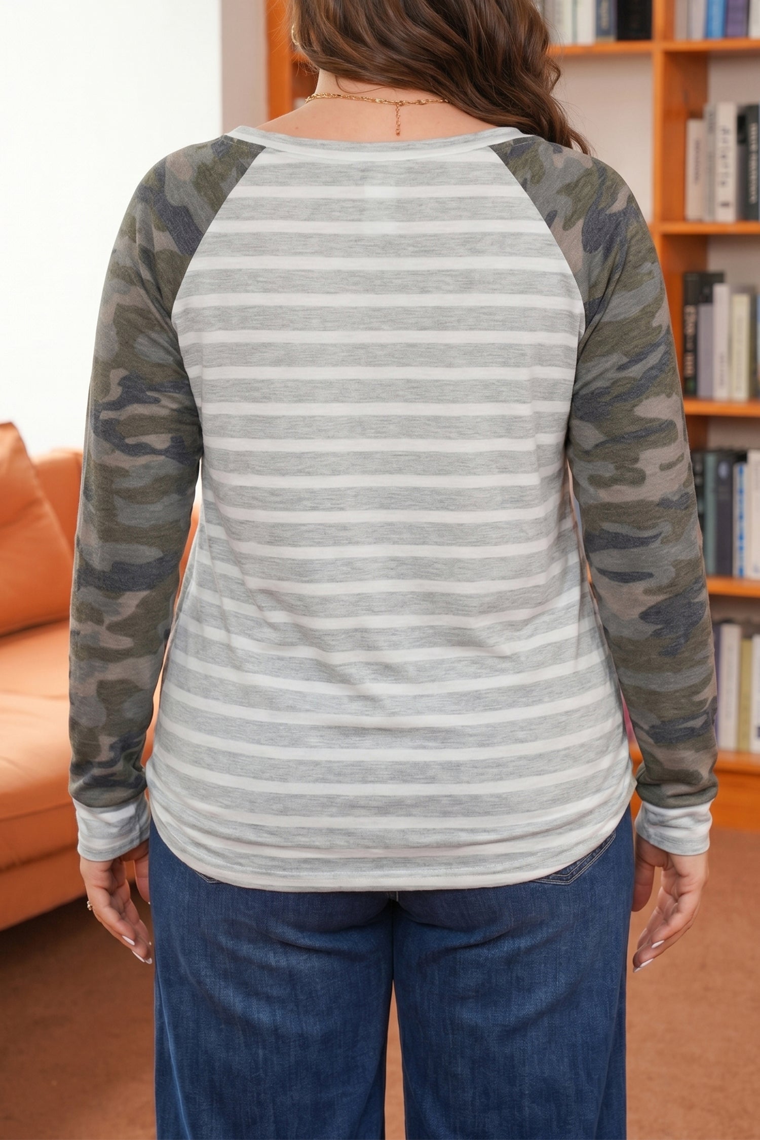 Gray Stripe Camo Sleeve Striped Colorblock Round Neck Long Sleeve Plus Size Blouse