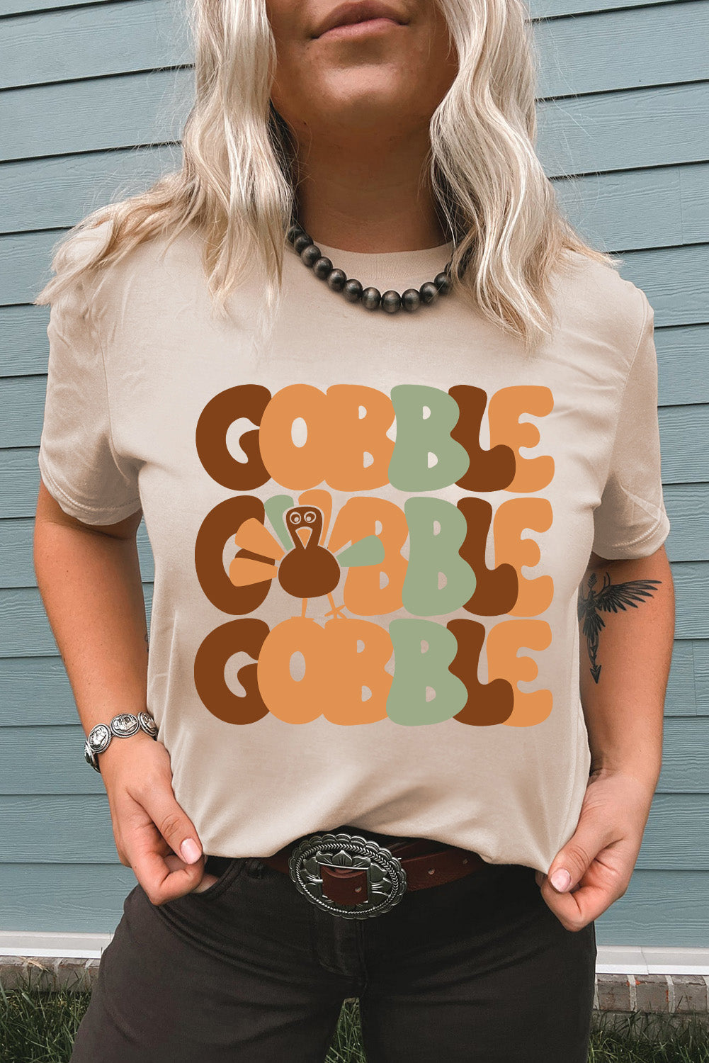Khaki GOBBLE Turkey Print Thanksgiving Fashion Tee