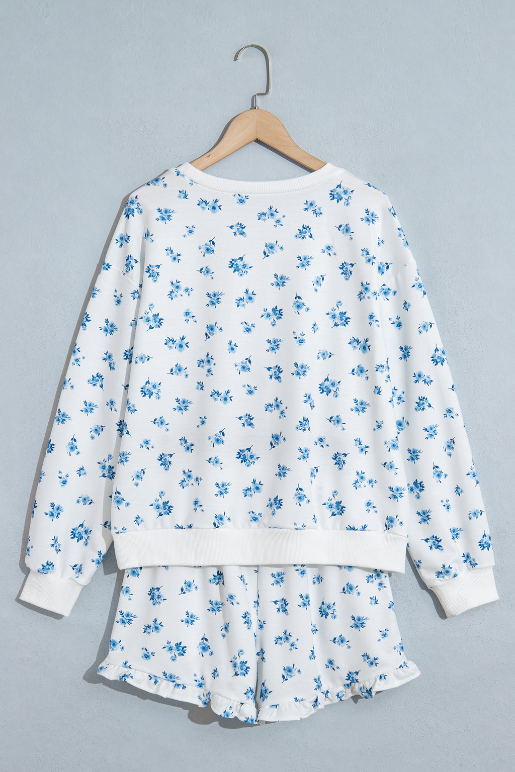 Sky Blue Floral Print Long Sleeve Top Elastic Waist Ruffle Hem Shorts 2pcs Set