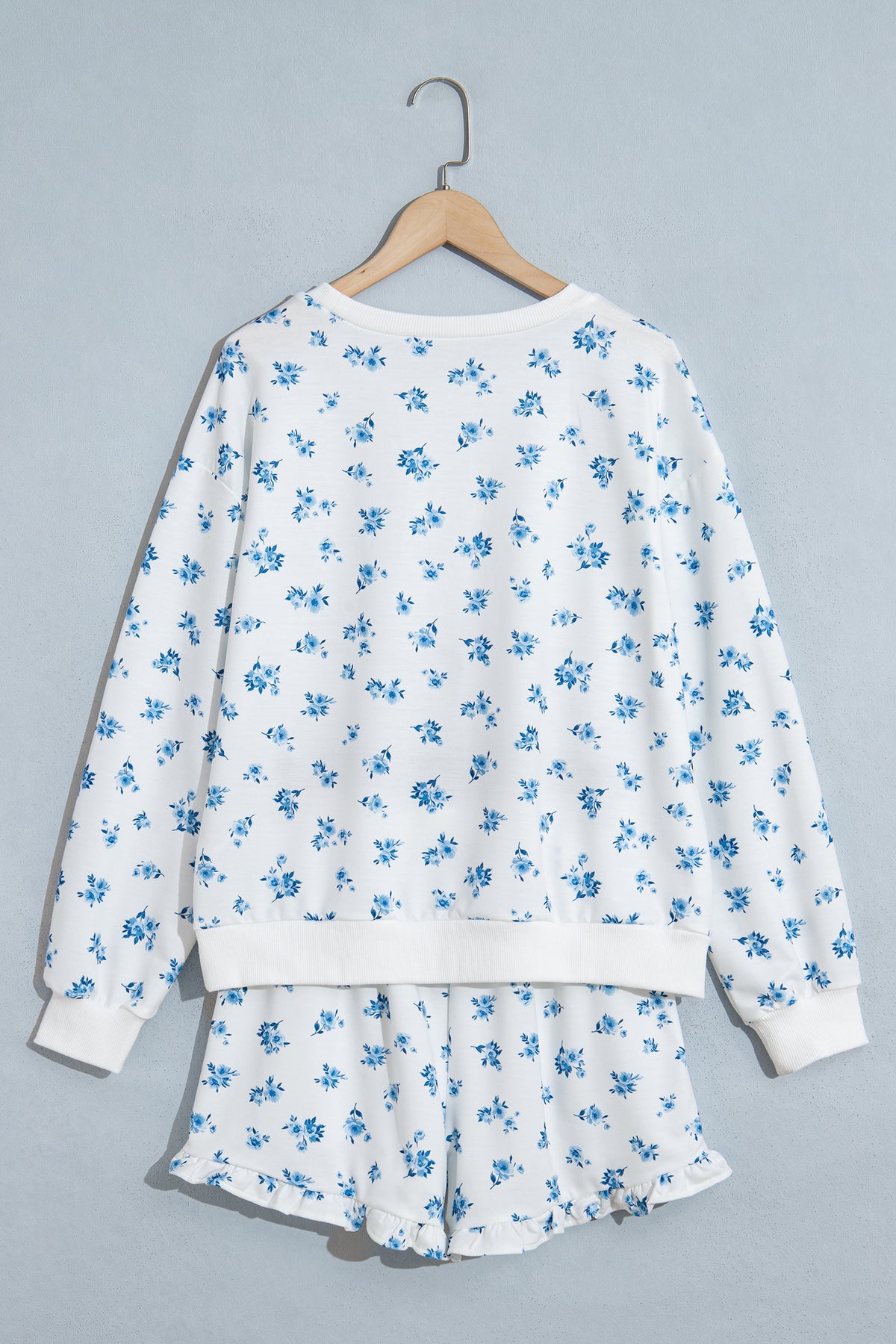 Sky Blue Floral Print Long Sleeve Top Elastic Waist Ruffle Hem Shorts 2pcs Set