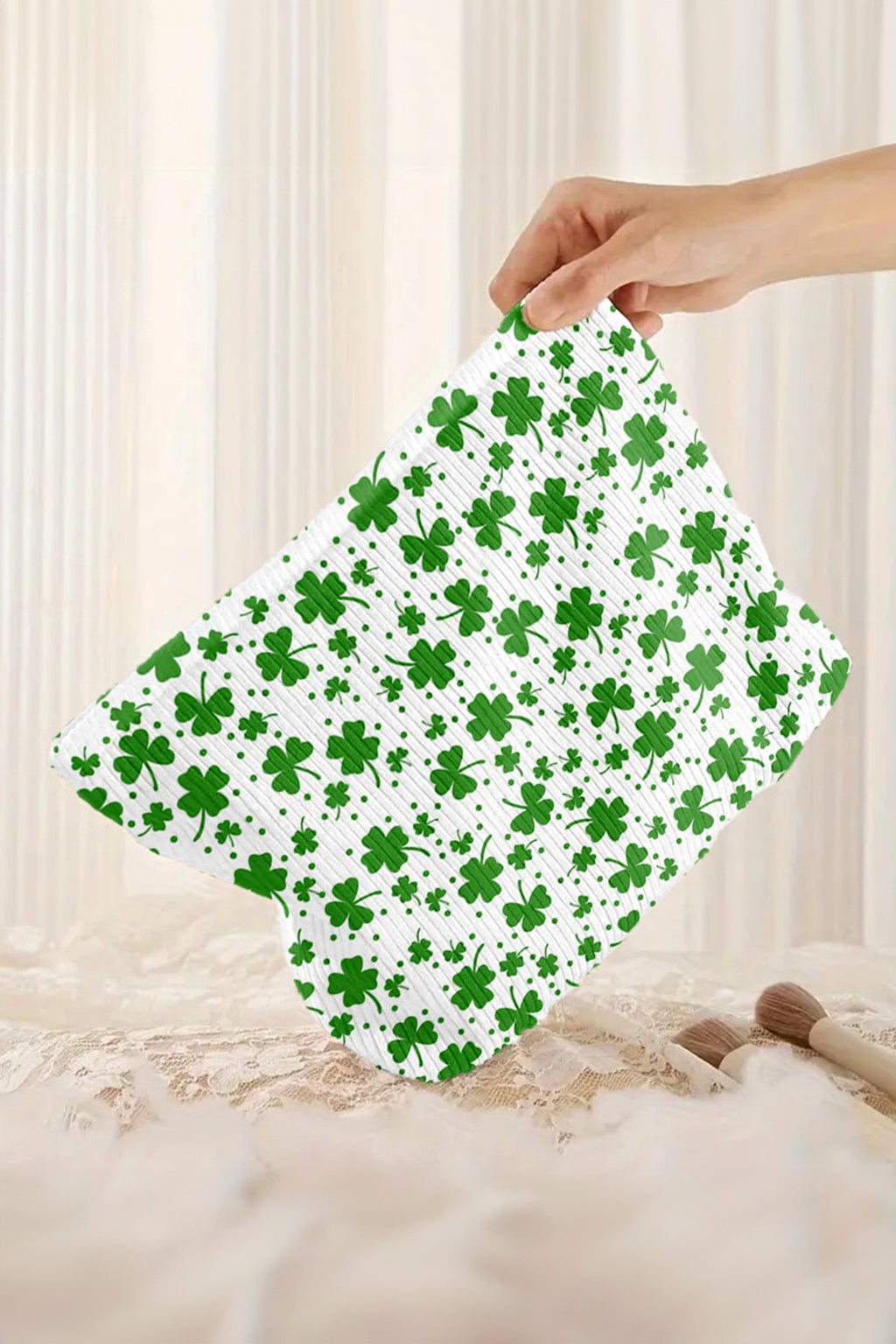 White St Patricks Lucky Clover Printed Soft Ribbed Makeup Bag