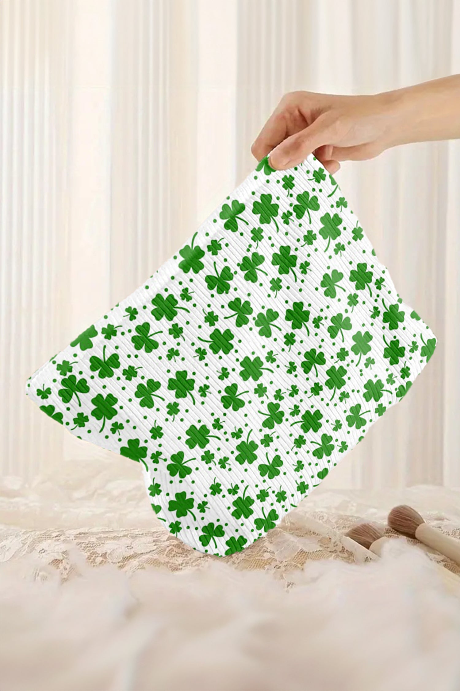 White St Patricks Lucky Clover Printed Soft Ribbed Makeup Bag
