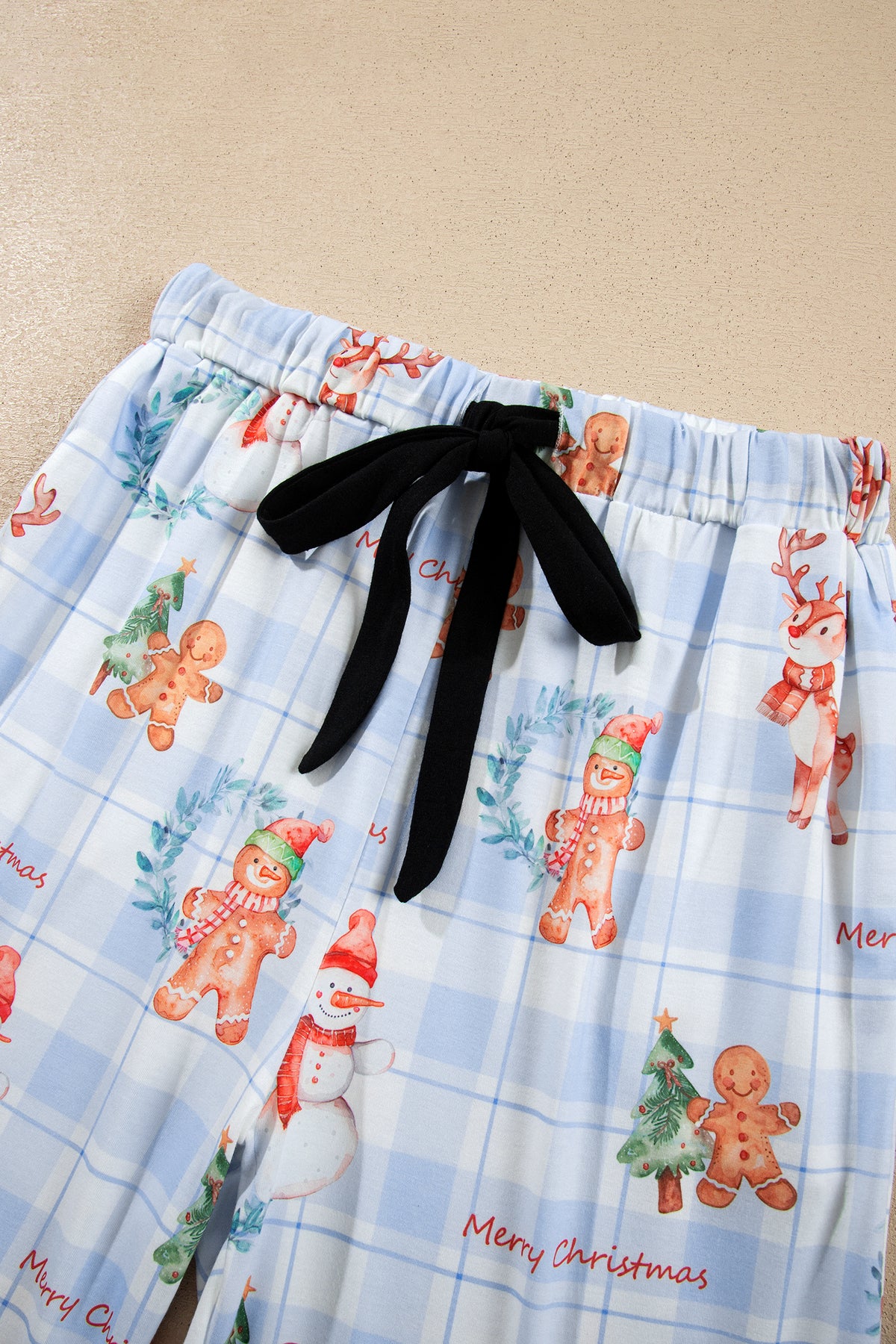 Sky Blue Plaid Cartoon Christmas Pattern Shirt Top 2pcs Pajama Set