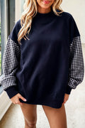 Navy Blue Plaid Sleeve Colorblock Loose Tunic Sweatshirt