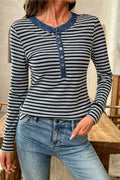 Gray Stripe Denim Contrast Collar Half Button Long Sleeve Top