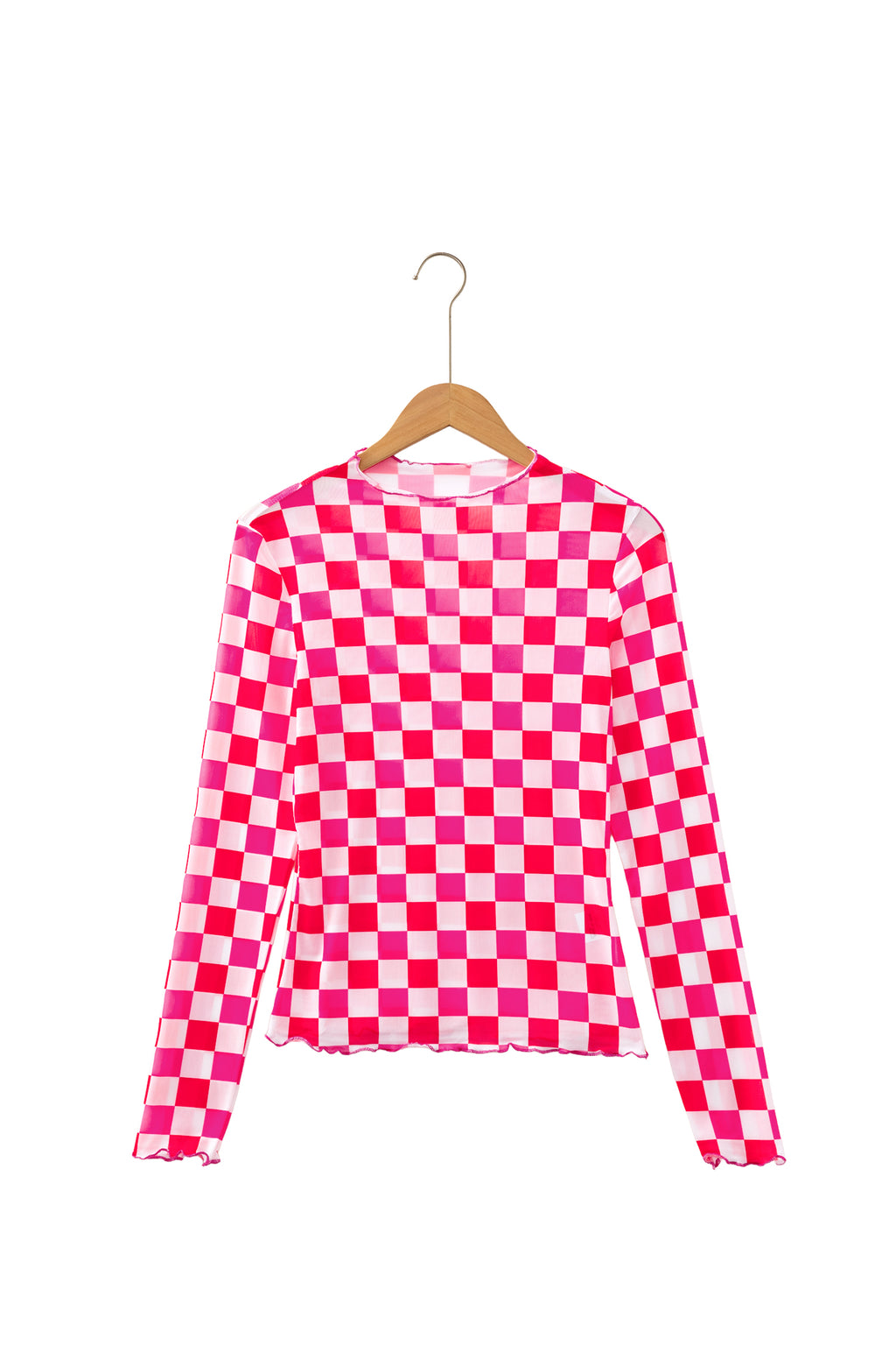Rose Plaid Heart Mesh Sheer Long Sleeve High Neck Blouse