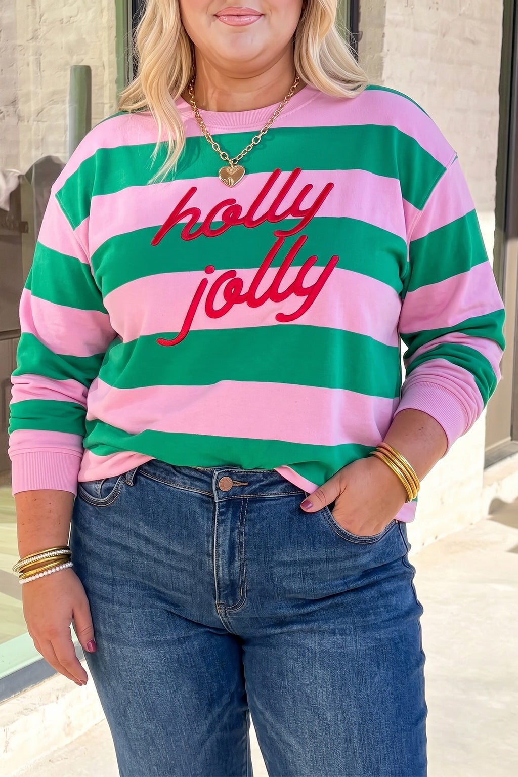 Green Stripe Festive Holly Jolly Printed Casual Plus Size Sweatshirt
