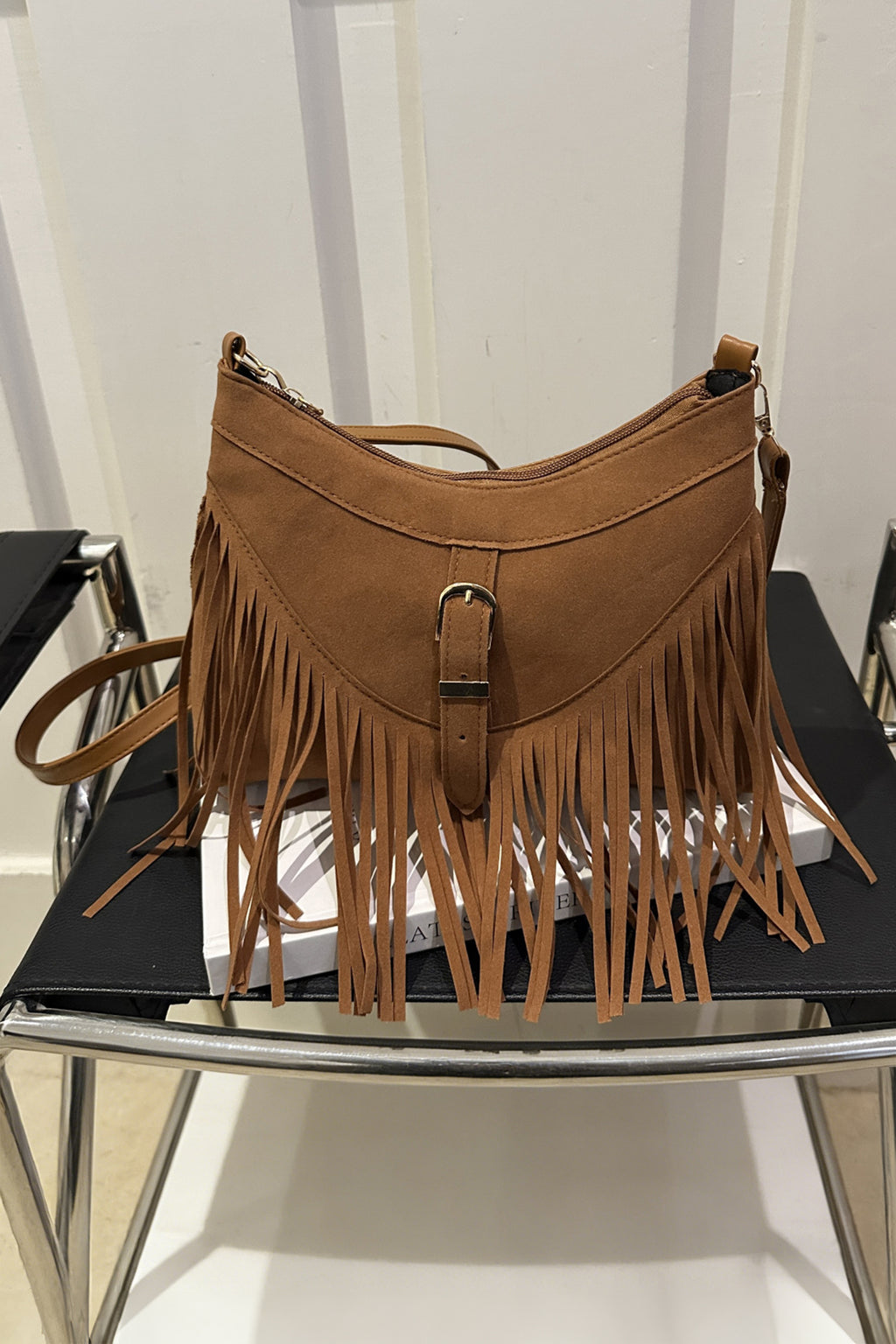 Coffee Faux Suede Boho Fringe Hobo Shoulder Bag