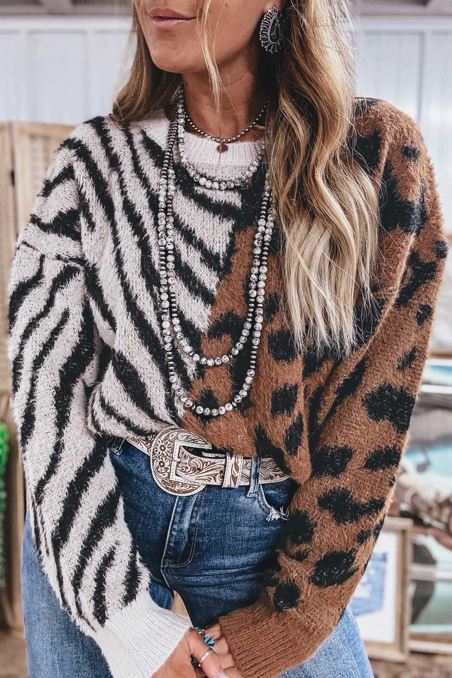 Coffee Western Leopard Zebra Print Long Sleeve Round Neck Sweater