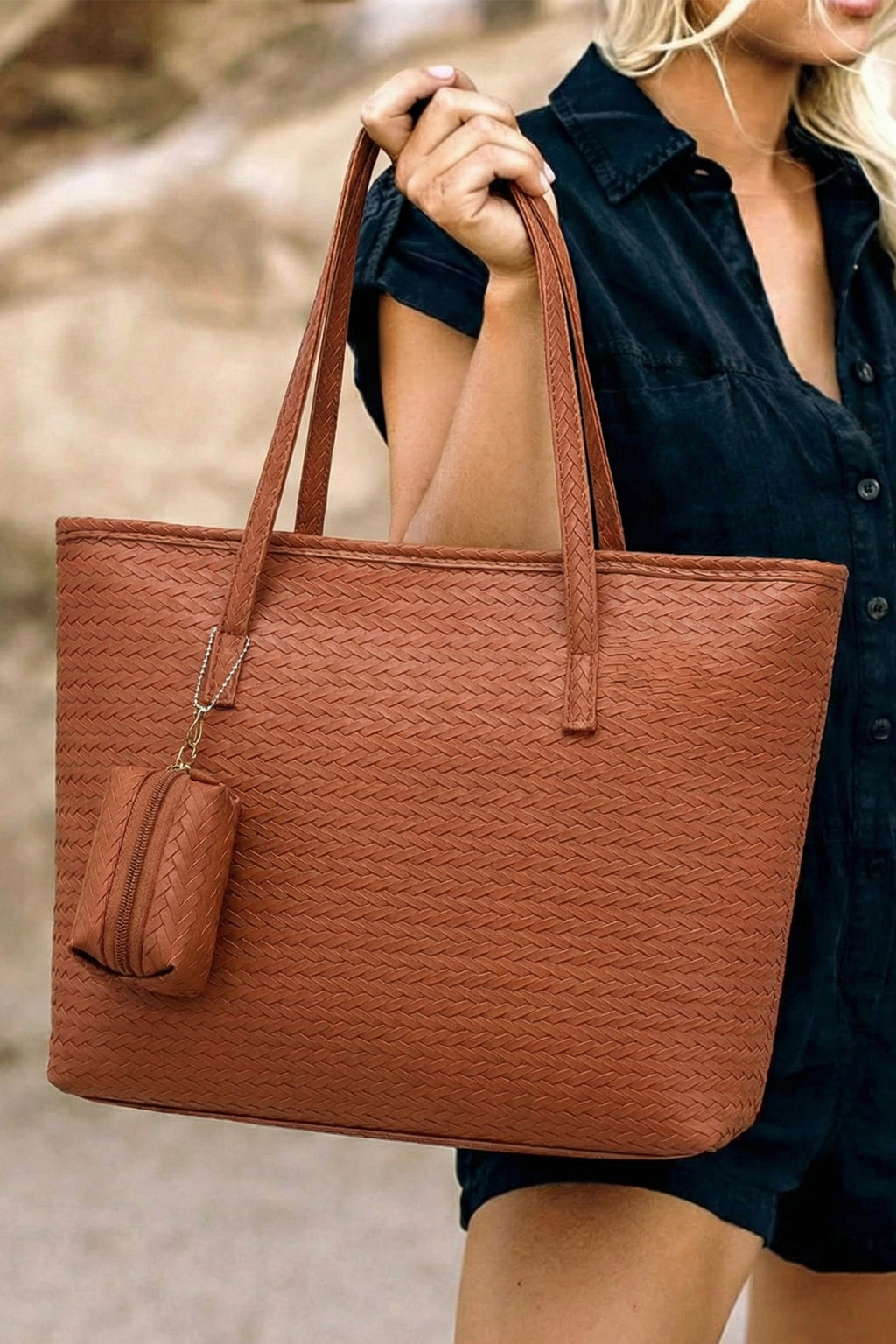 Cinnamon Leatherette Woven Tote Bag with Detachable Pouch
