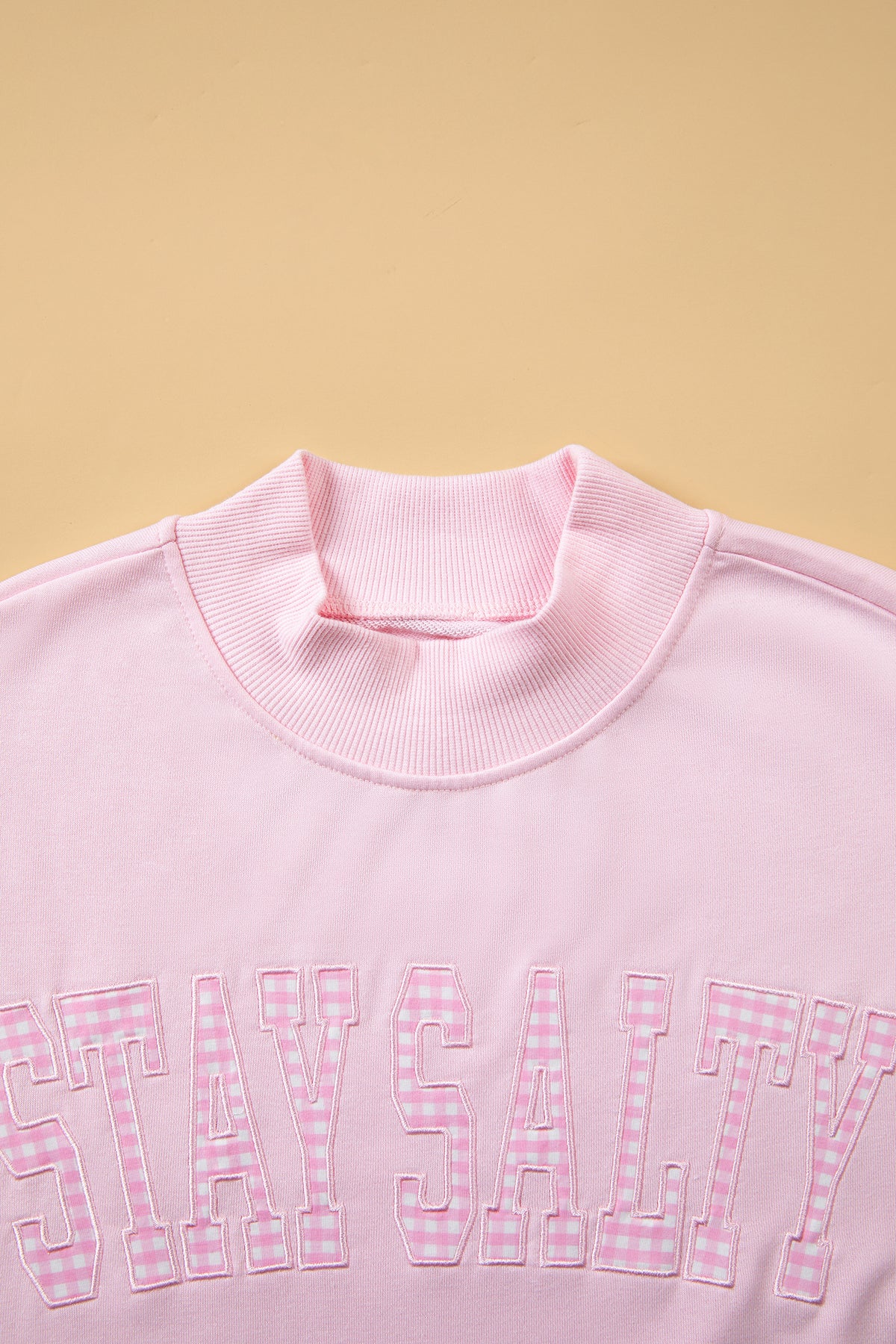 Pink Stay Salty Embroidered Long Sleeve Stand Neck Shift Pullover Sweatshirt