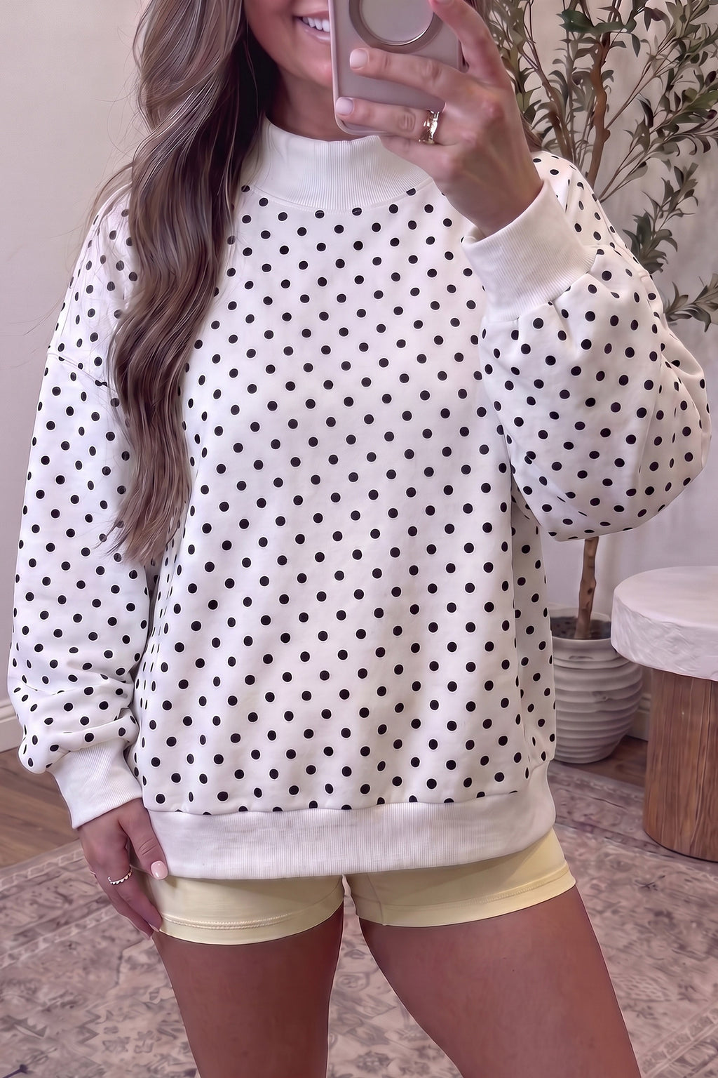 White Casual Polka Dot Mock Neck Sweatshirt