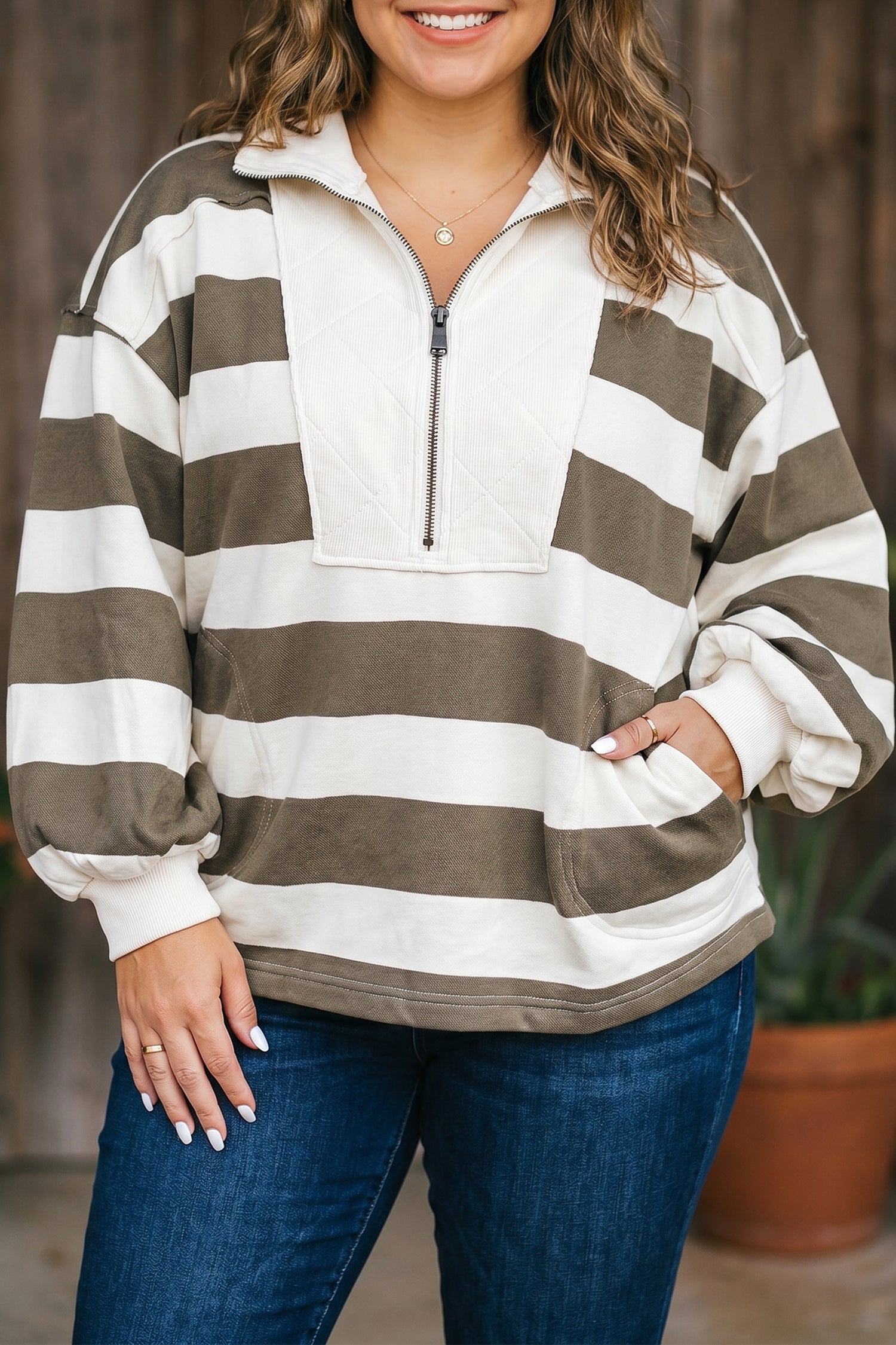 Green Stripe Plus Size Half Zipped Casual Sweatshirt