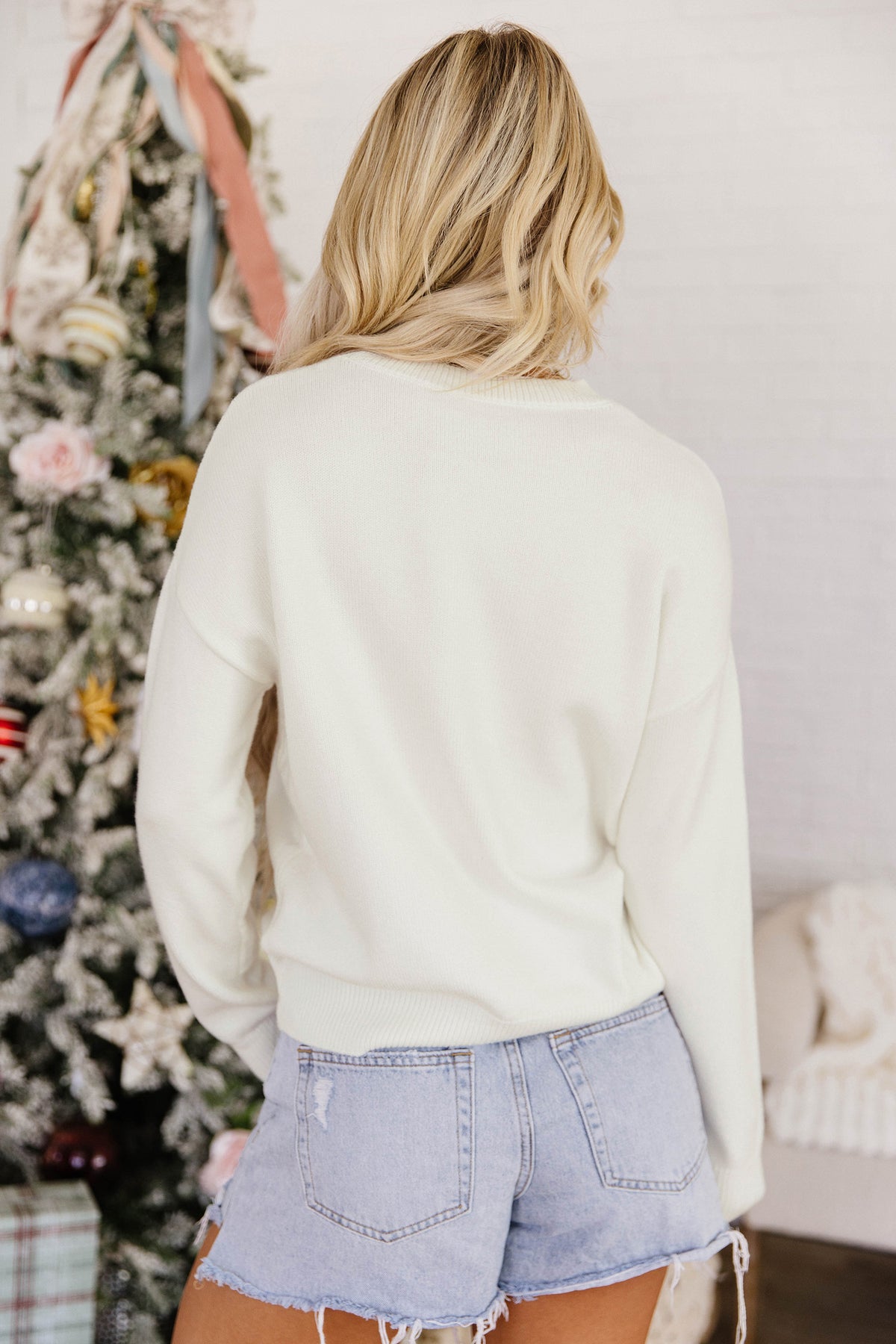 White Christmas Tree Bow Drop Shoulder Knit Sweater