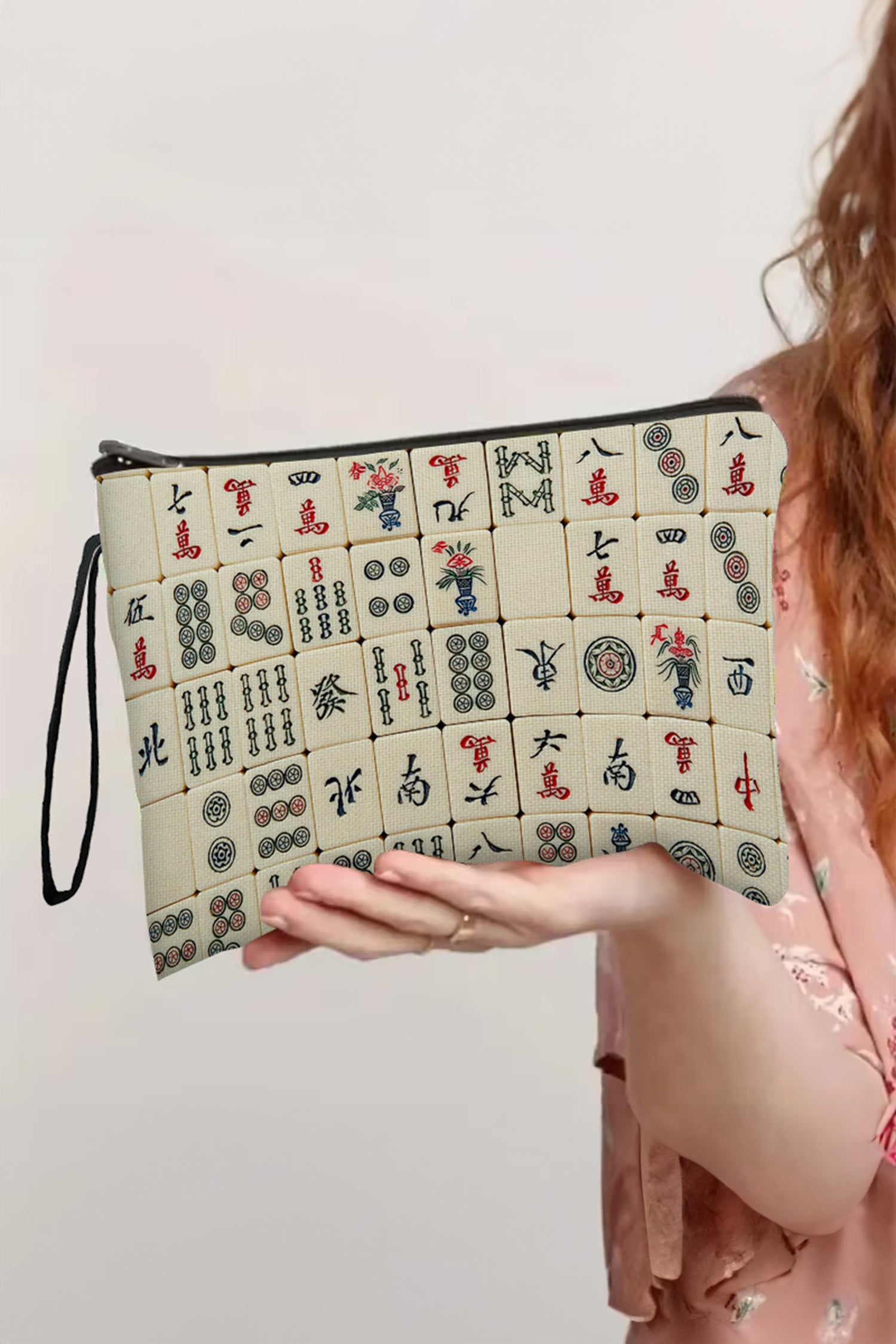 White Mahjong Pattern Printed Canvas Cosmetic Bag