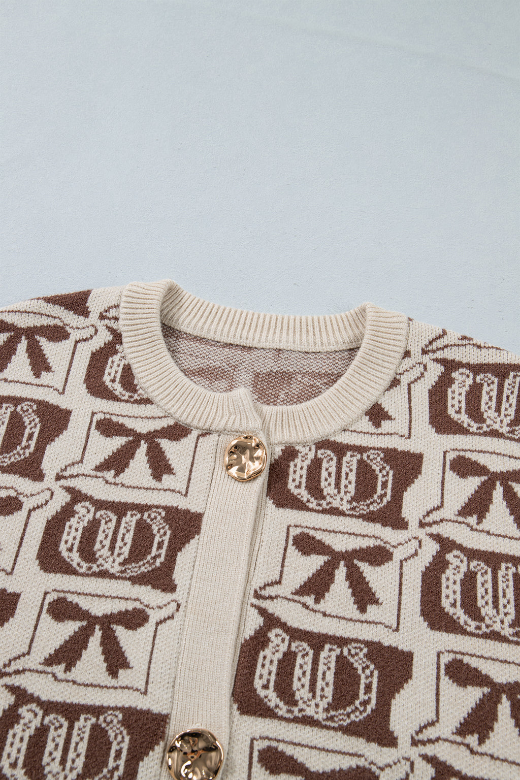 Brown Western Horseshoe Bow Pattern Button Front Sleeveless Knit Sweater