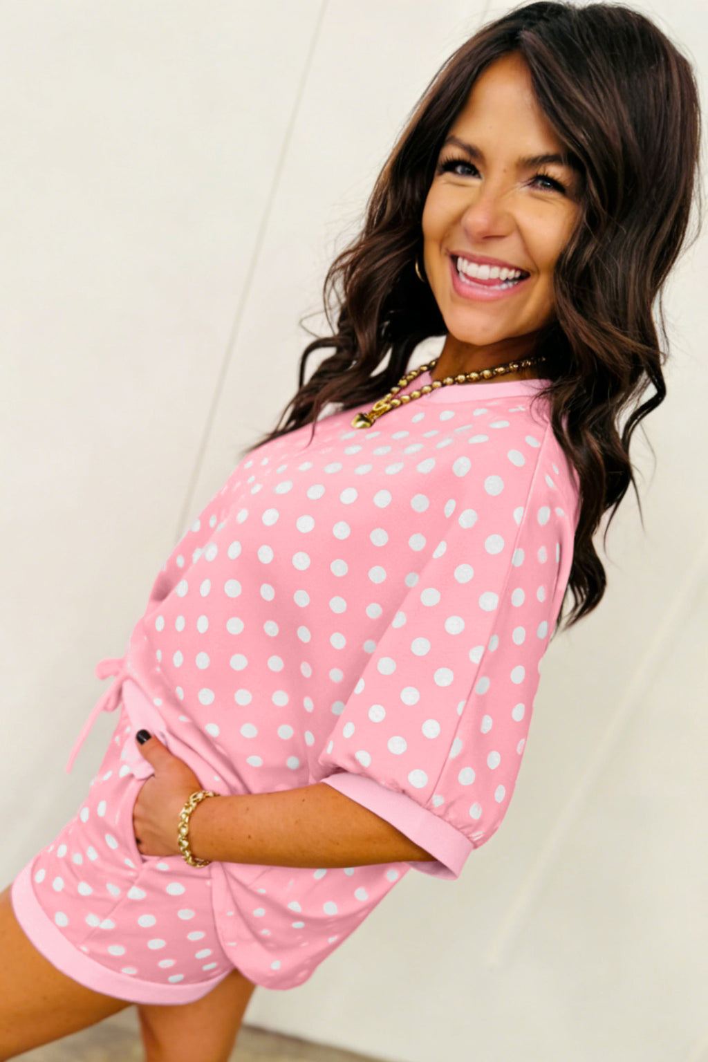 Beige Polka Dot Oversized Top Drawstring Short Set