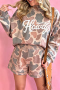 Multicolour Howdy Camouflage High Neck Long Sleeve Top and Shorts Set