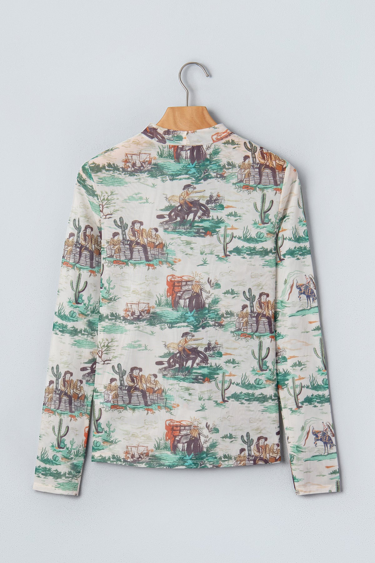 Green Western Print Long Sleeve Round Neck Slim Top