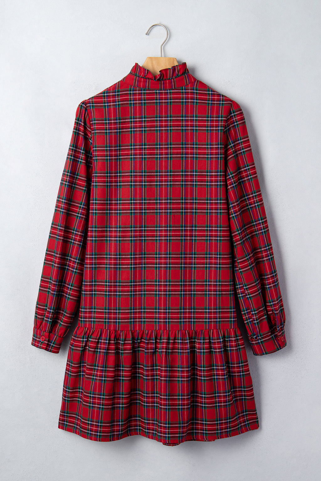 Red Plaid Long Sleeve Mini Shift Silhouette Decoration Dress