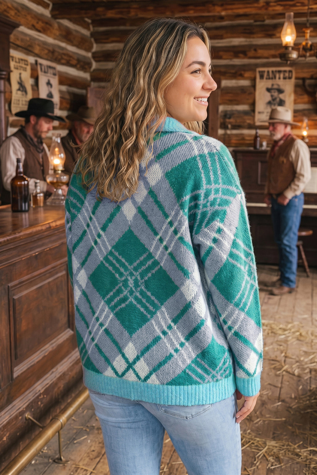 Green Plaid V Neck Long Sleeve Shift Cardigan Sweater