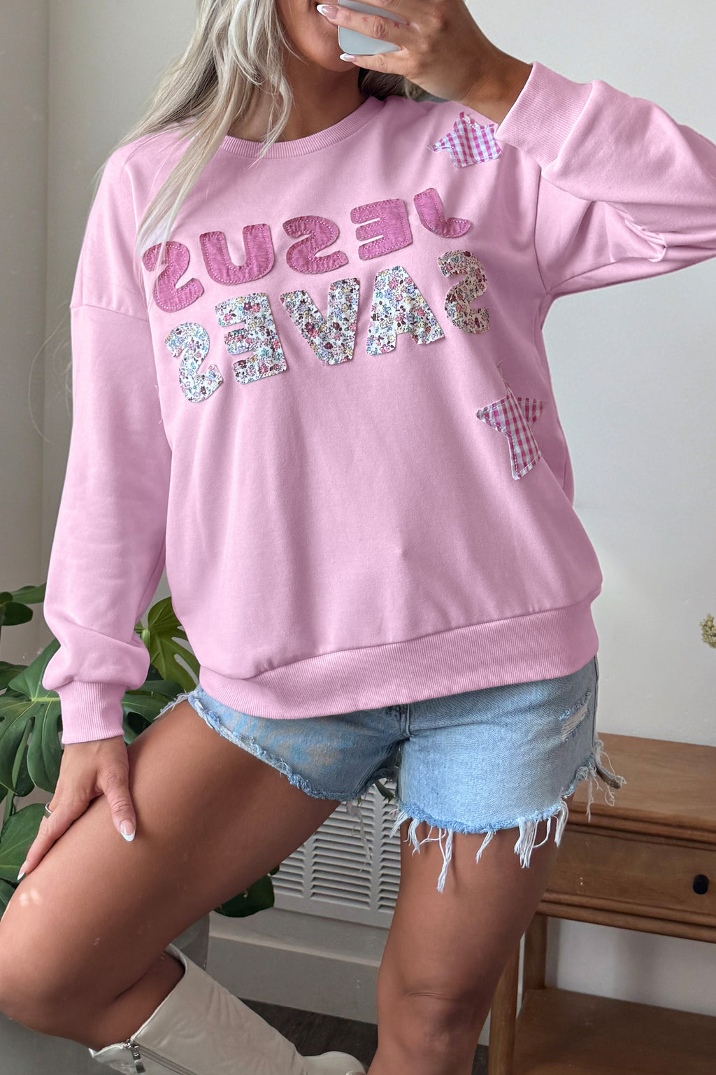 Pink Patchwork Stars Plaid Unique Floral Letters Baggy Sweatshirt