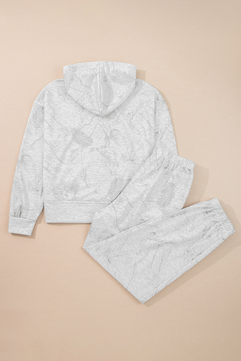 Light Grey Abstract Print Loose Drop Sleeve Hoodie Elastic Waistband 2pcs Pant Set