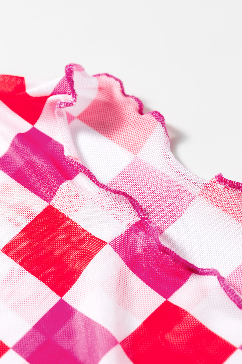 Rose Plaid Heart Mesh Sheer Long Sleeve High Neck Blouse