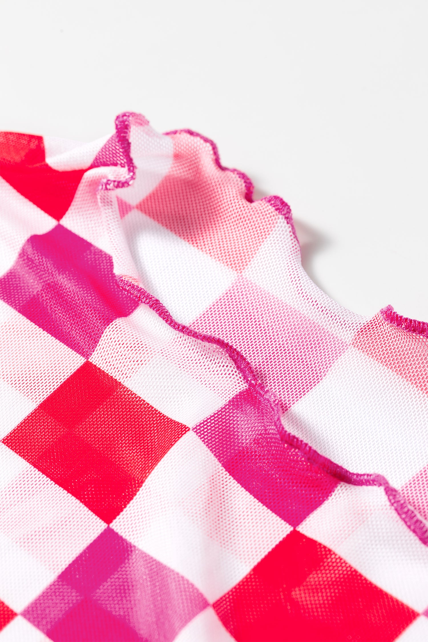 Rose Plaid Heart Mesh Sheer Long Sleeve High Neck Blouse