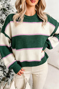 Blackish Green Striped Color Block Knit Dropped Shoulder Loose Pullover Sweater