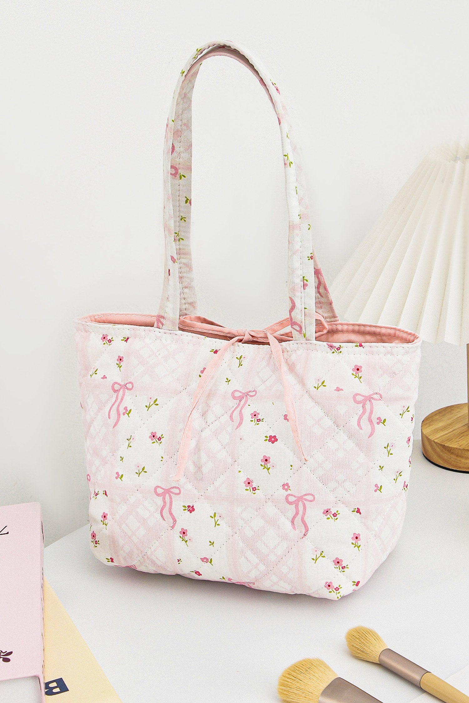 Pink Floral Bow Pattern Quilted Cotton Tote Bag
