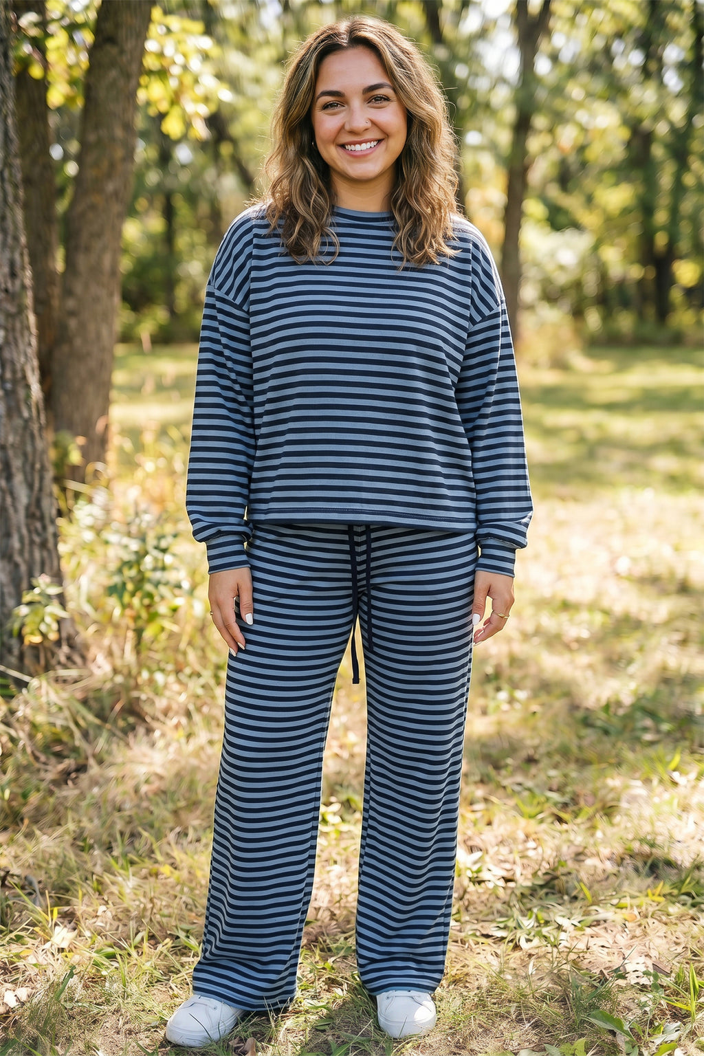 Blue Stripe Long Sleeve Drawstring Waist Plus Size Lounge Pants Set