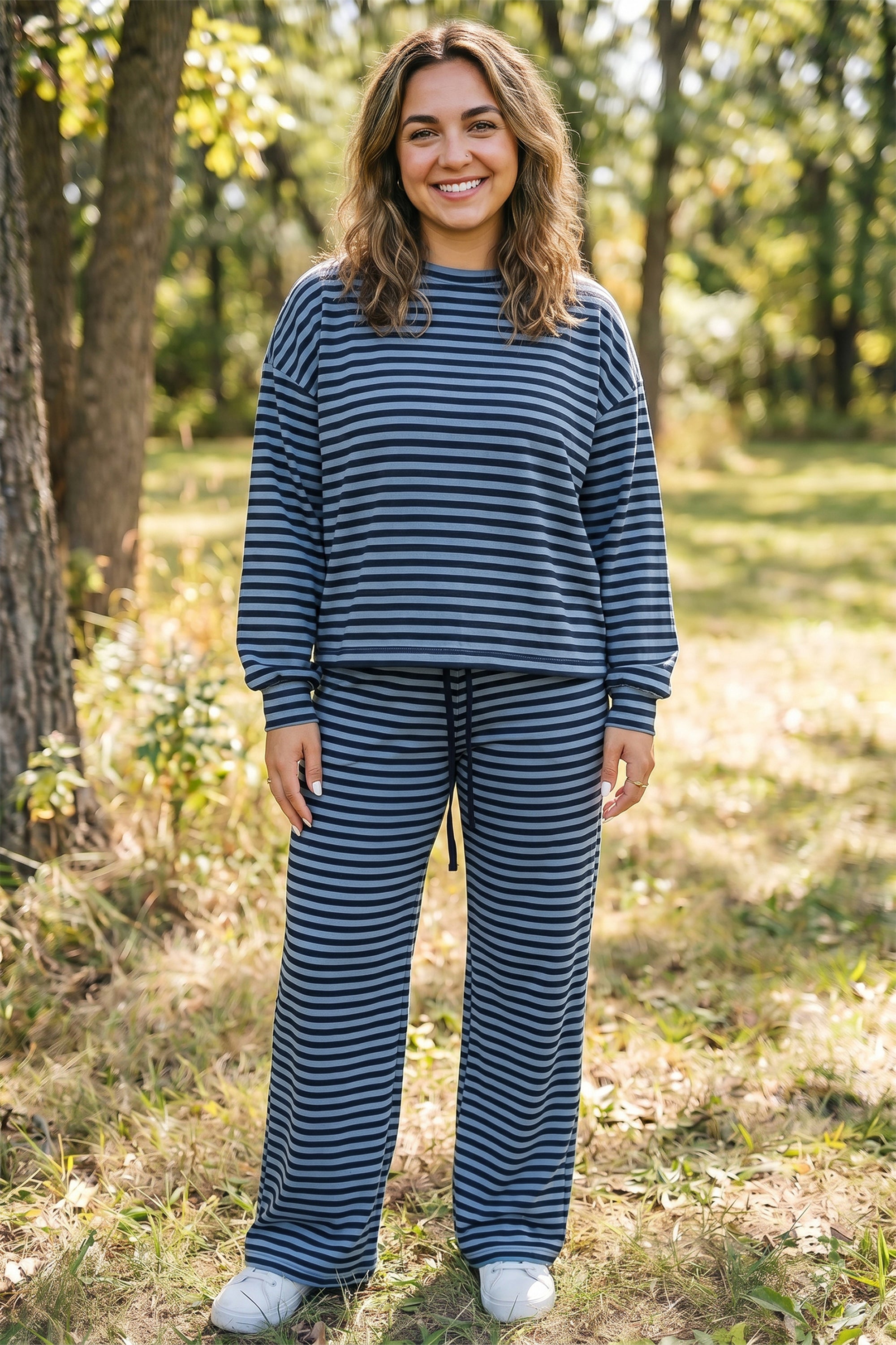 Blue Stripe Long Sleeve Drawstring Waist Plus Size Lounge Pants Set