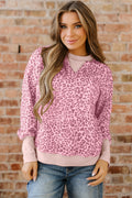 Pink Leopard Print Patchwork Crew Neck Sweatshirt
