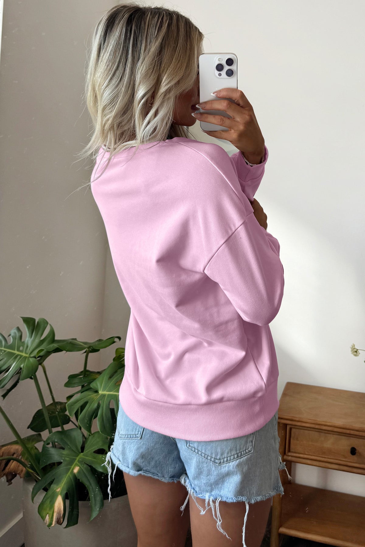 Pink Patchwork Stars Plaid Unique Floral Letters Baggy Sweatshirt