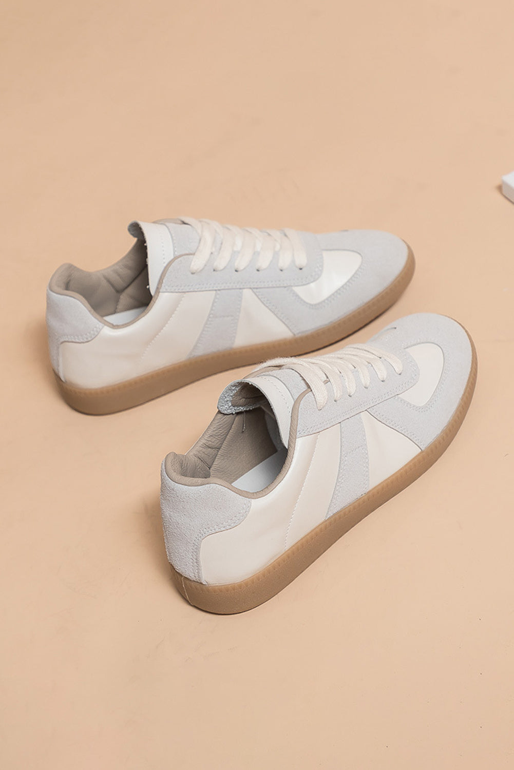 Beige PU Leather Suede Patched Lace-up Flat Shoes
