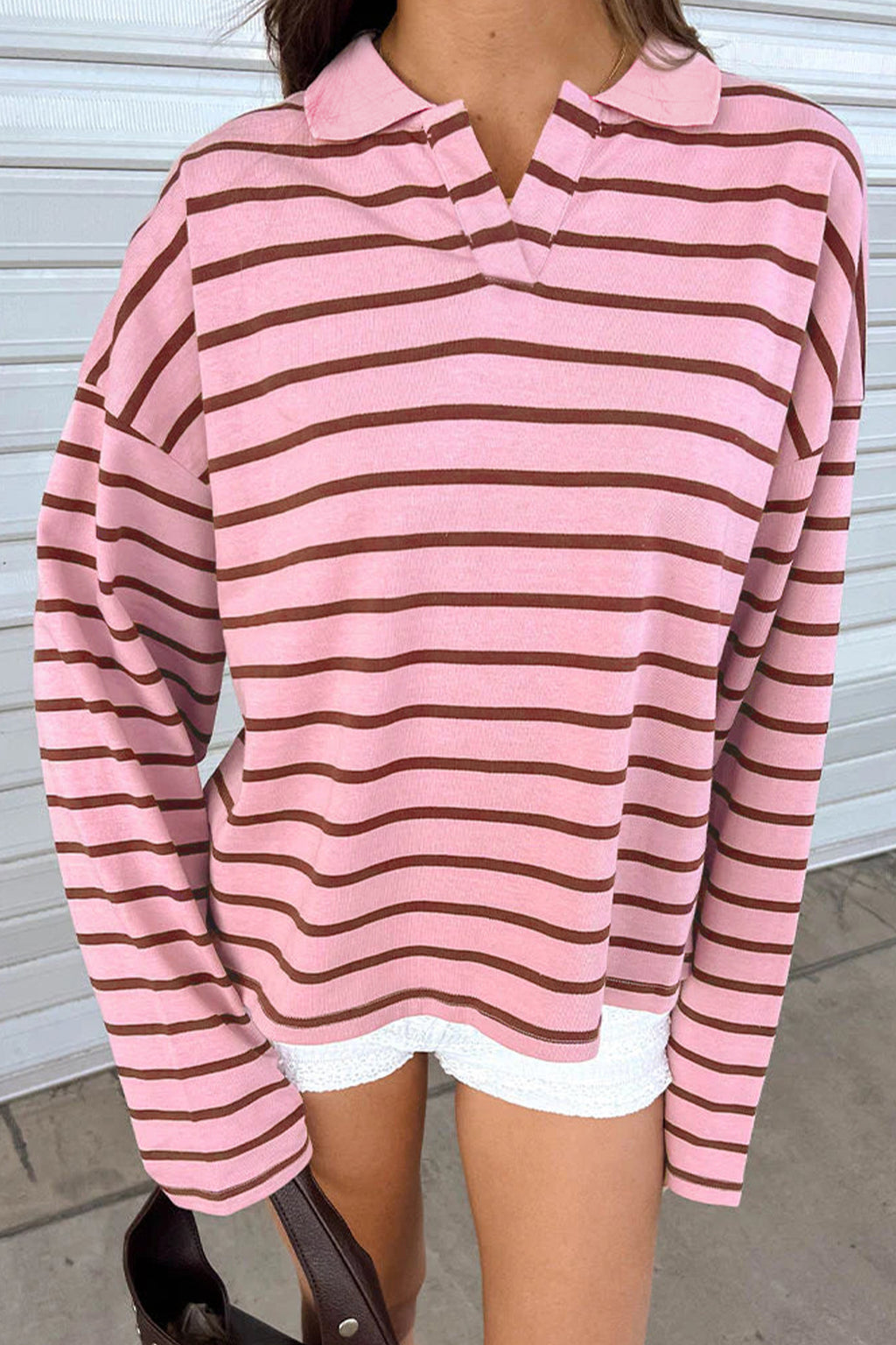 Pink Stripe Striped Long Sleeve Collar Shift Top
