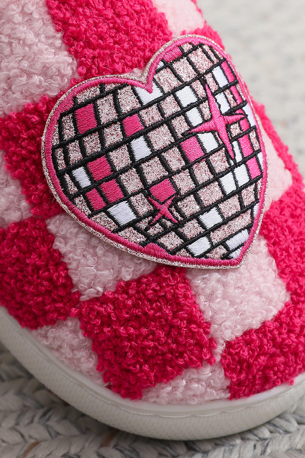 Fiery Red Disco Checkered Heart Plush Winter House Slippers