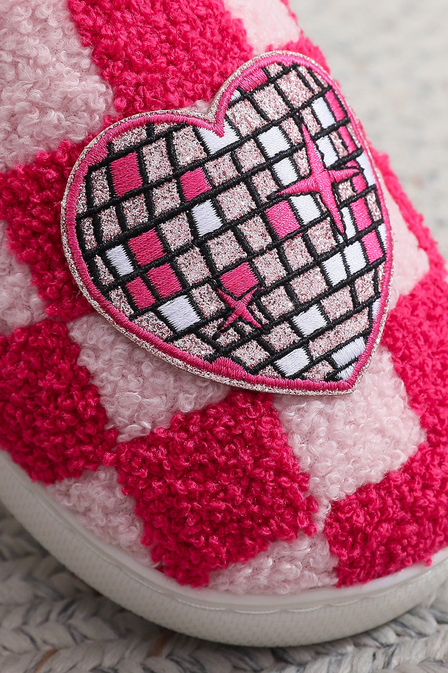 Fiery Red Disco Checkered Heart Plush Winter House Slippers