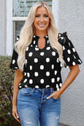 Black Polka Dot Print Shirred Yoke Notched Neck Balloon Sleeve Blouse