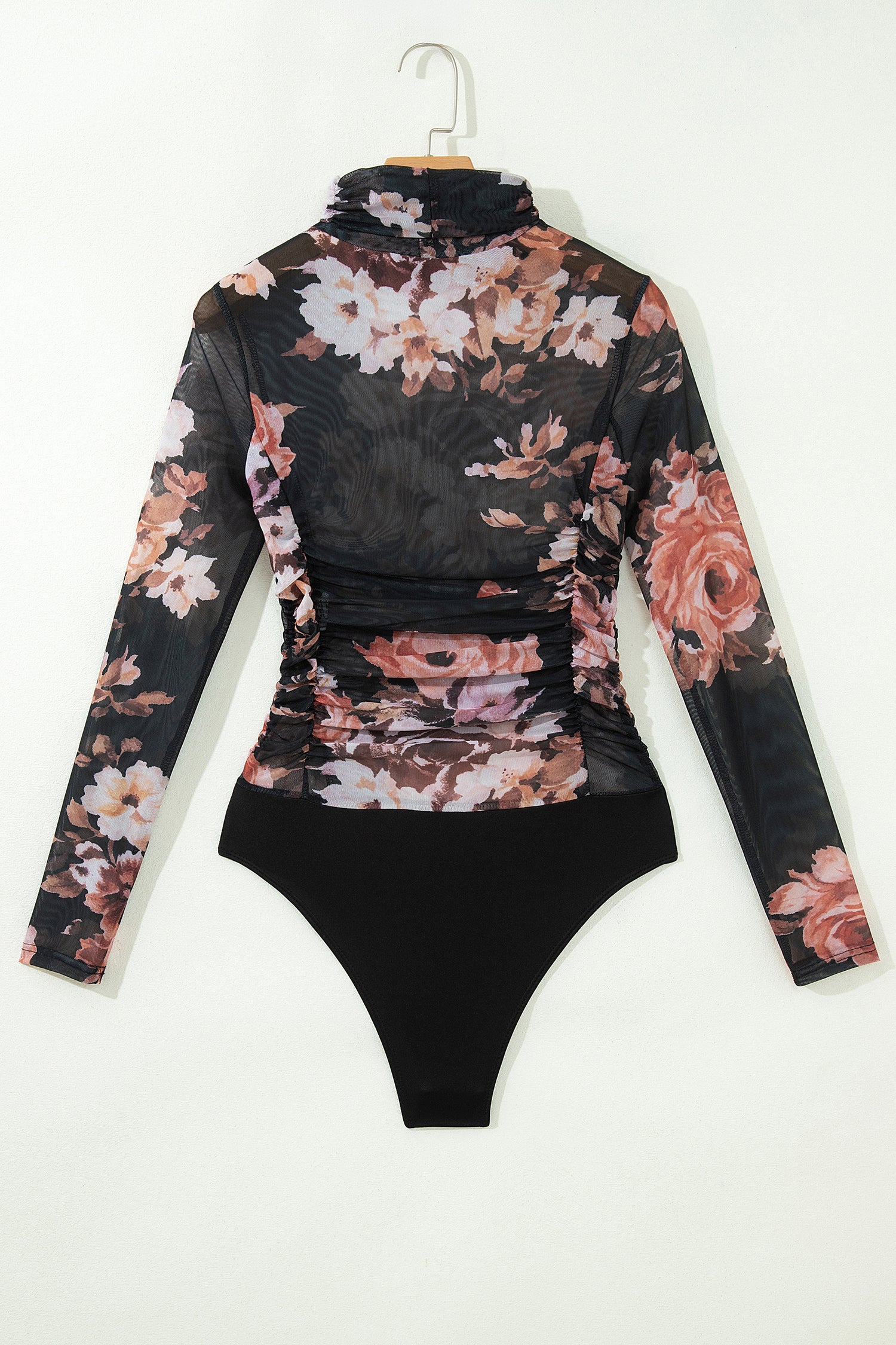 Brown Floral Mesh Long Sleeve High Neck Bodysuit