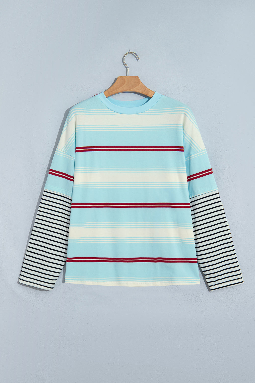 Sky Blue Stripe Casual Striped Patchwork Long Sleeve Loose Pullover Top