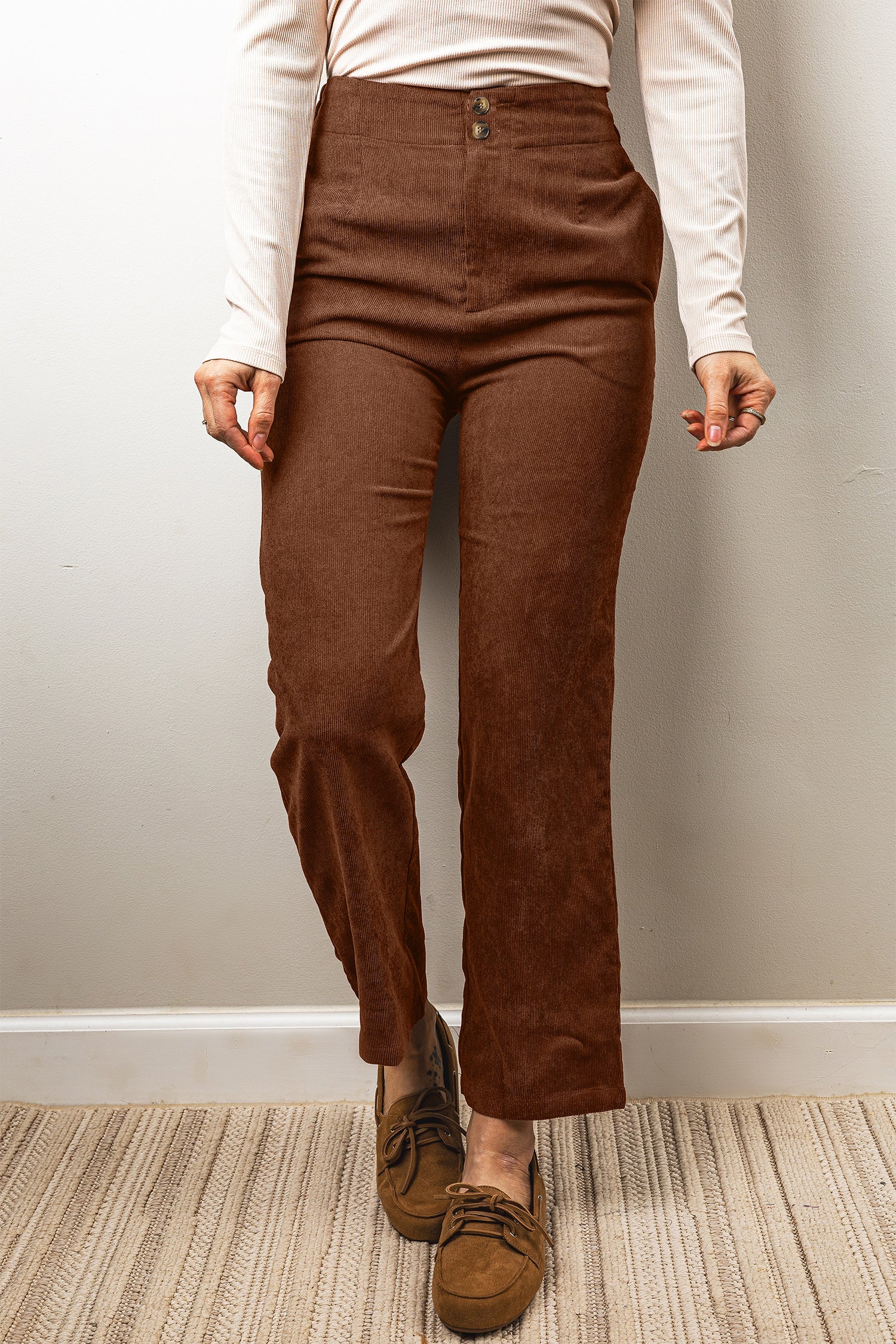 Coffee Elastic Waist Straight Leg Ankle Length Corduroy Pants