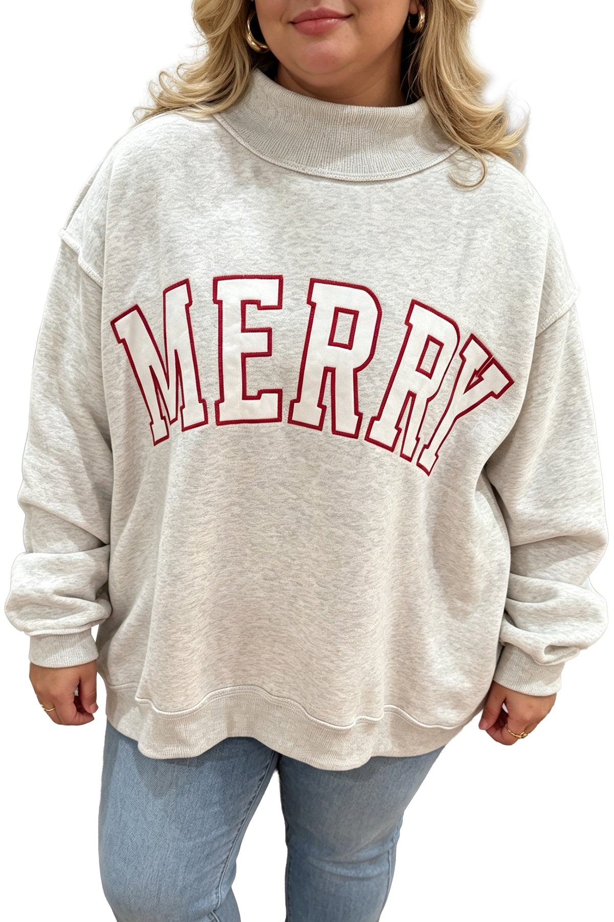 Gray Embroidered Merry Letter Print Mock Neck Plus Size Sweatshirt