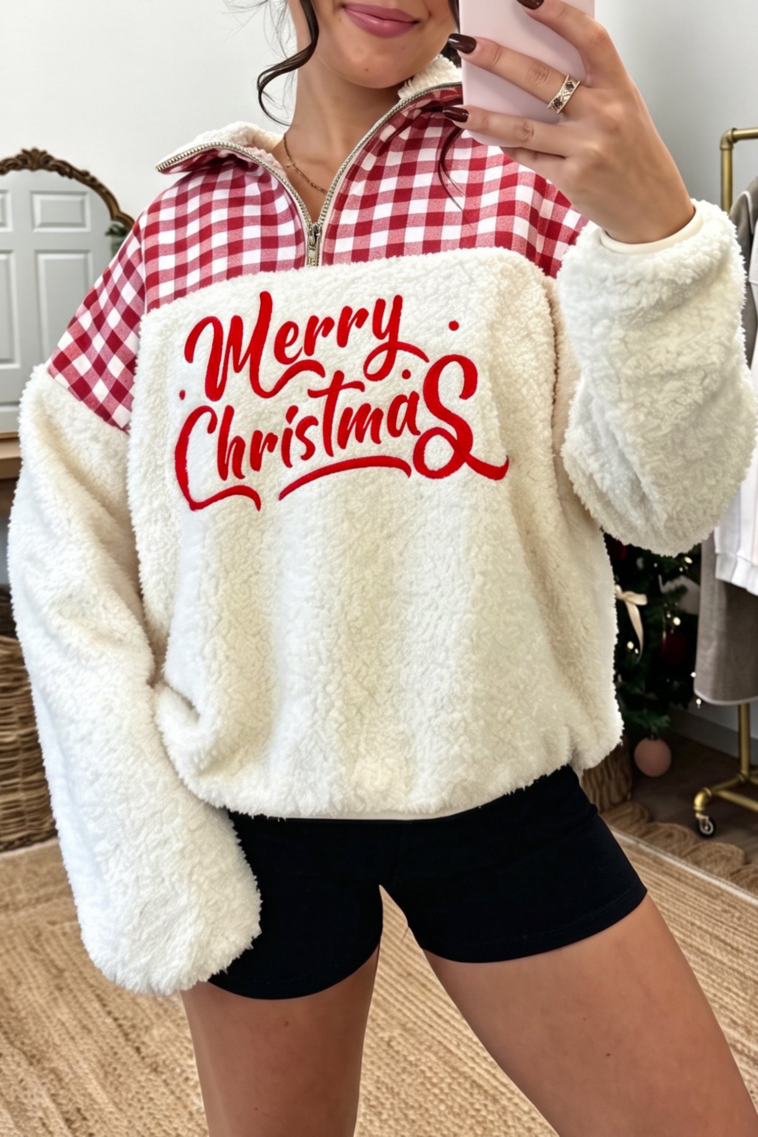 White Plush Plaid Patchwork Merry Christmas Baggy Sweatshirt