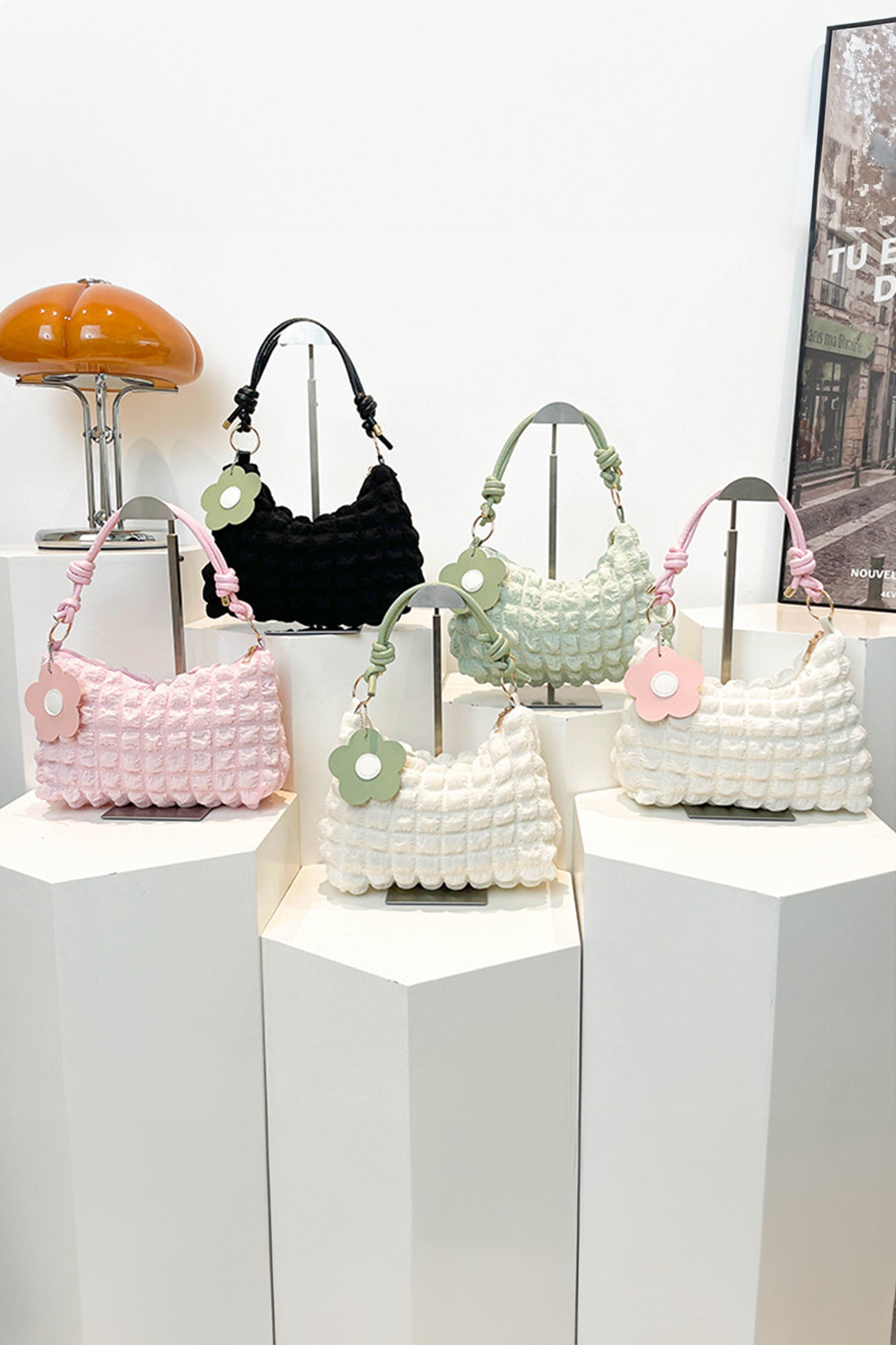 Pink Soft Bubble Textured Cord Handle Flower Shoulder Bag